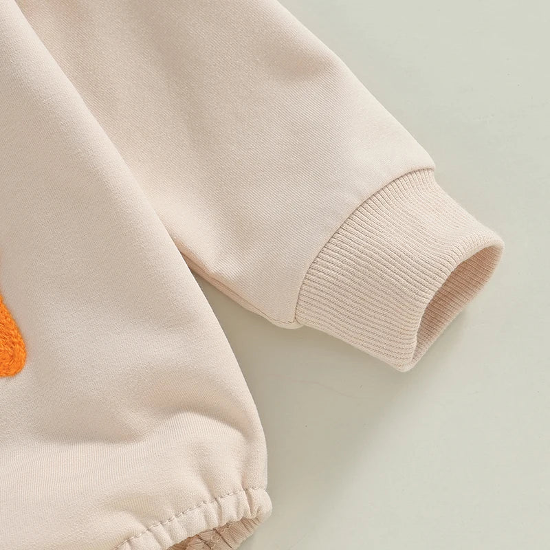 Baby girls and boys Little Bean bodysuit by August + Willow, long sleeve with letter embroidery, casual romper for infants.
