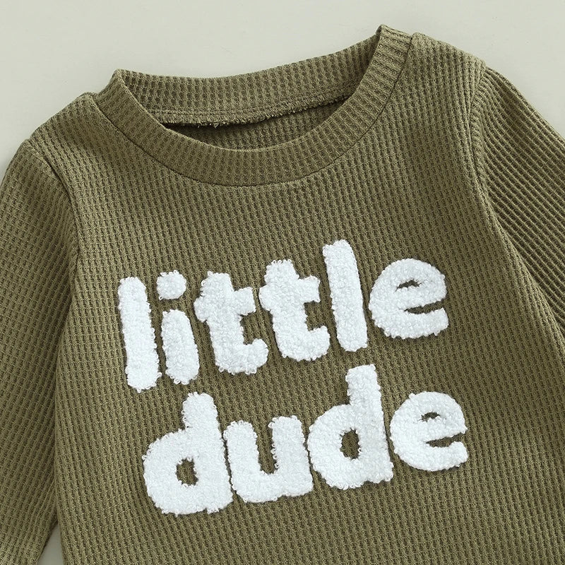 Baby boys' 2-piece waffle outfit from August + Willow with letter embroidery, long-sleeve top, and elastic waist solid pants for 12-18 months.