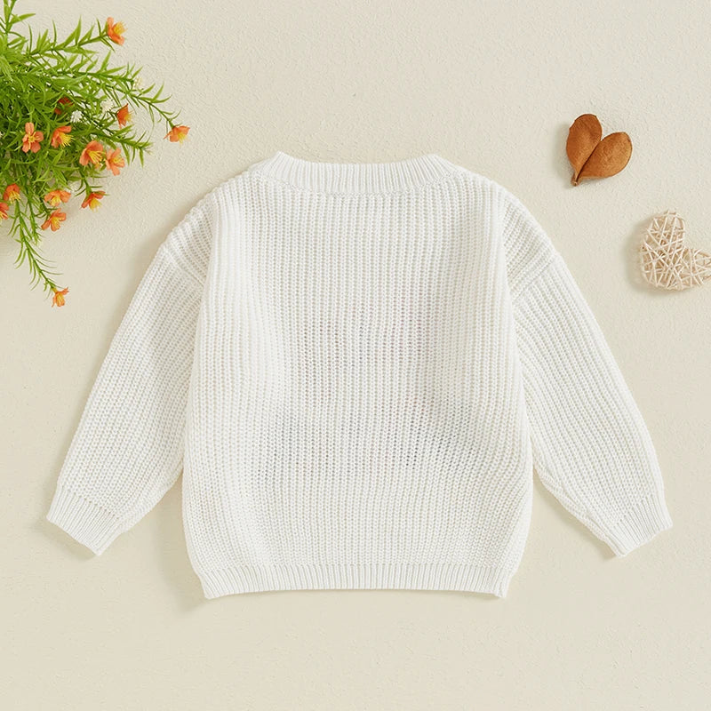 Baby girl toddler sweater by August + Willow with letter and flower embroidery, crew neck, long sleeves, perfect for fall and winter.