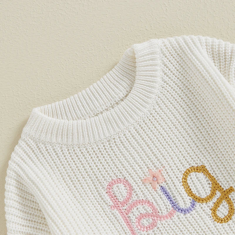 Baby girl fall winter sweater by August + Willow featuring letter and flower embroidery, crew neck, long sleeves, casual style.