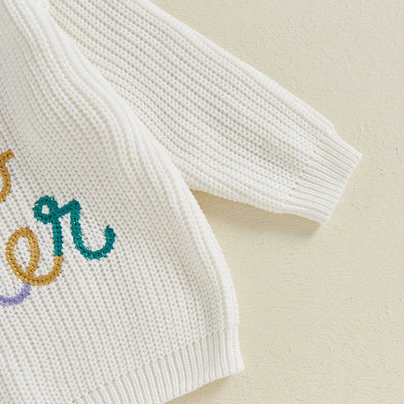 Baby girls' fall winter sweater by August + Willow featuring embroidery, floral details, crew neck, long sleeves, and casual style.