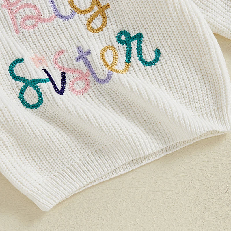 Baby girl toddler sweater by August + Willow featuring embroidery, floral designs, crew neck, long sleeves, perfect for fall winter.