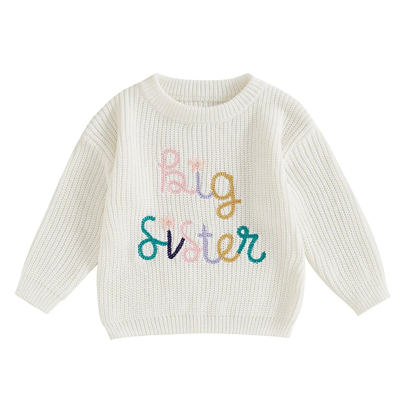 Baby girl fall winter sweater by August + Willow with floral embroidery, letter design, crew neck, long sleeves, cozy casual style.