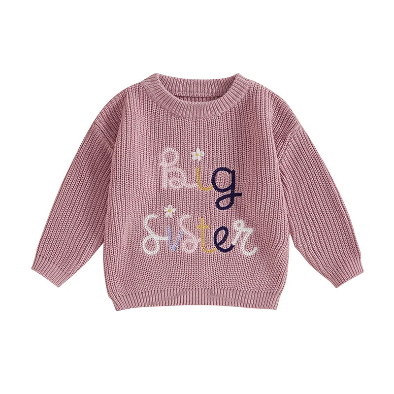 Baby girl fall winter sweater by August + Willow, beige crew neck pullover with letter and flower embroidery for toddlers.