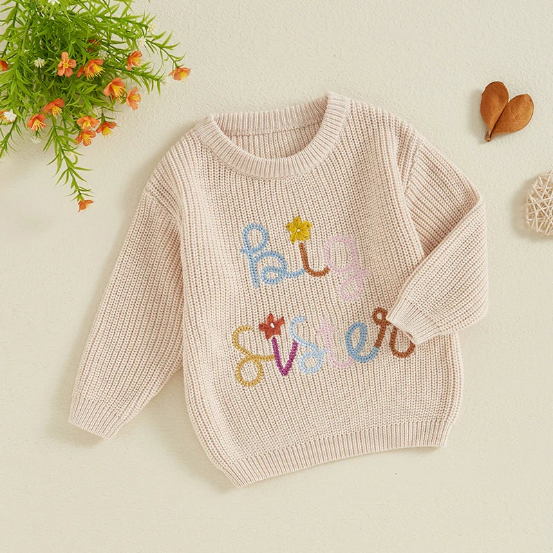 Baby girls' beige fall winter sweater by August + Willow, crew neck with letter and flower embroidery, long sleeve toddler pullover top.