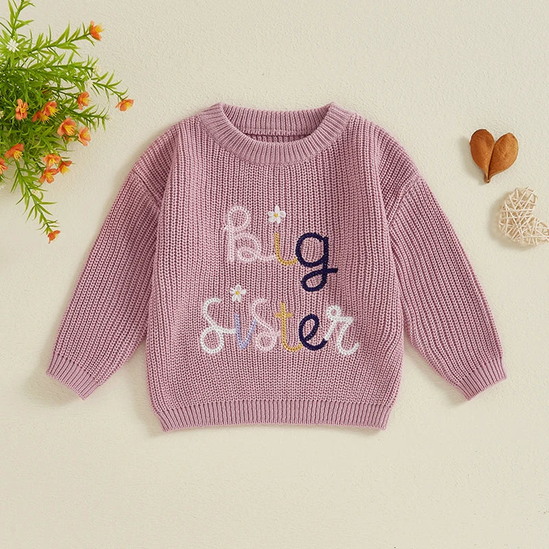Baby girl toddler fall winter sweater by August + Willow featuring casual letter and flower embroidery, crew neck, long sleeves.
