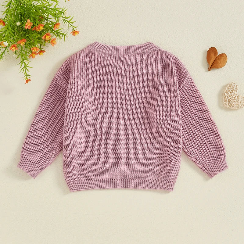 Baby girl sweater by August + Willow featuring floral embroidery, casual letter design, crew neck, long sleeves, perfect for fall and winter.