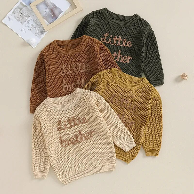 Beige baby boy sweater with letter embroidery, crew neck, long sleeves, from August + Willow baby & toddler outfits.