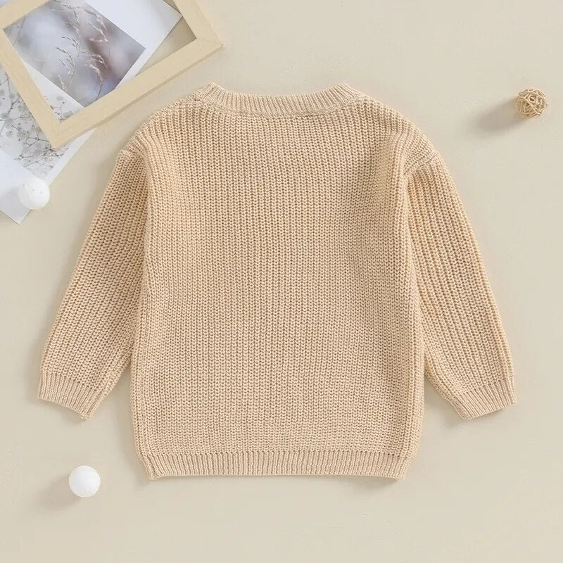 Baby boys beige sweater with letter embroidery, crew neck, long sleeves, from August + Willow, toddler outfit.