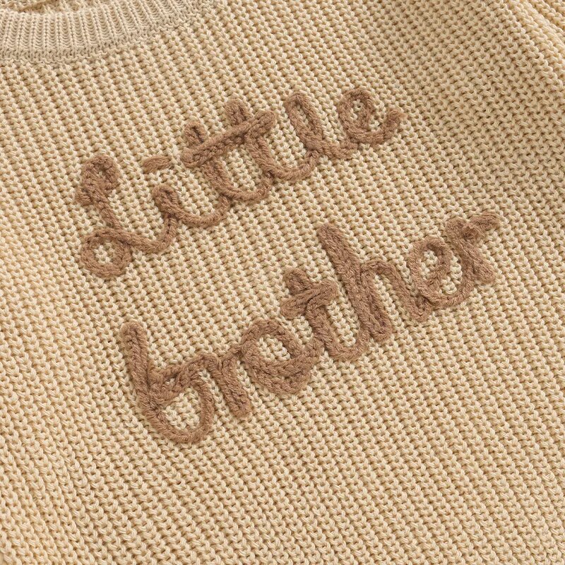 Beige baby boy sweater with letter embroidery, crew neck, long sleeves, from August + Willow baby and toddler outfits.