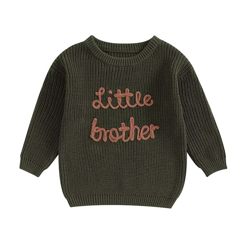 Baby boy sweater by August + Willow with letter embroidery, crew neck, long sleeves, beige color, suitable for little brothers.