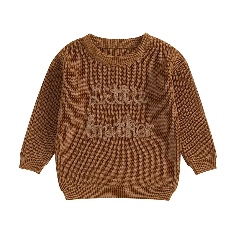 Baby boys beige crew neck sweater with letter embroidery, long sleeves, from August + Willow, designed for little brothers.