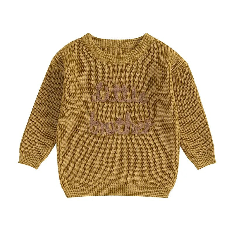 Beige baby boys sweater by August + Willow with letter embroidery, crew neck, long sleeves, perfect for little brothers.