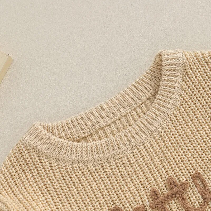 Baby boy beige crew neck sweater with letter embroidery, long sleeves, from August + Willow, featuring a cute Little Brother design.