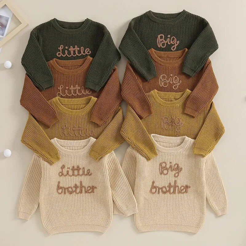 Baby boy sweater from August + Willow with letter embroidery, beige long sleeve crew neck pullover for little brothers, toddler outfit.