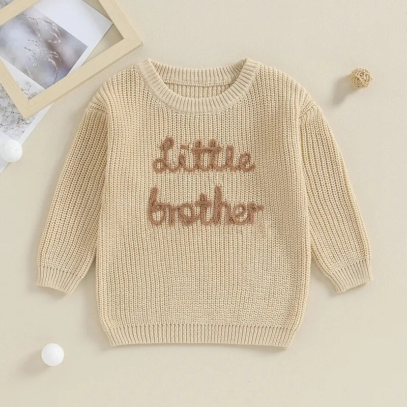 Baby boy beige sweater with letter embroidery and crew neck, long sleeves, from August + Willow baby & toddler outfits.