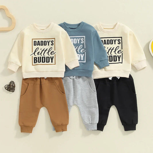 Baby toddler boys fall outfit by August + Willow, includes letter print long sleeve top and solid color pants, suitable for 0-6 months.
