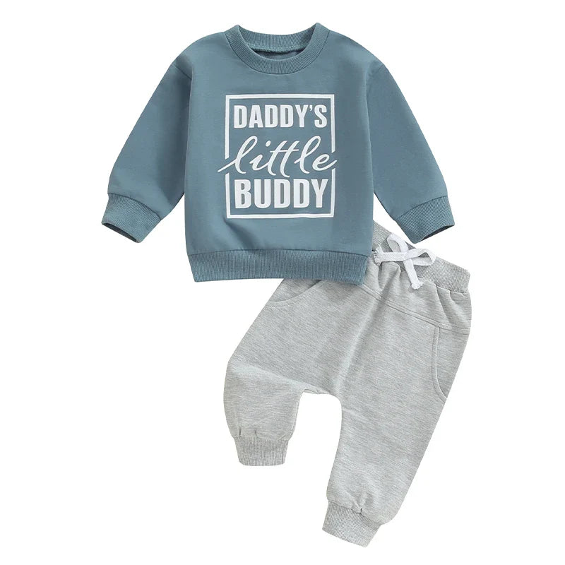 Baby boy fall outfit by August + Willow, 2-piece set with letter print long sleeve top and solid color pants for toddlers.