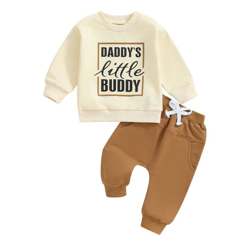 Baby toddler boys fall outfit set by August + Willow with letter print long sleeve top and solid color pants, suitable for 0-6 months.