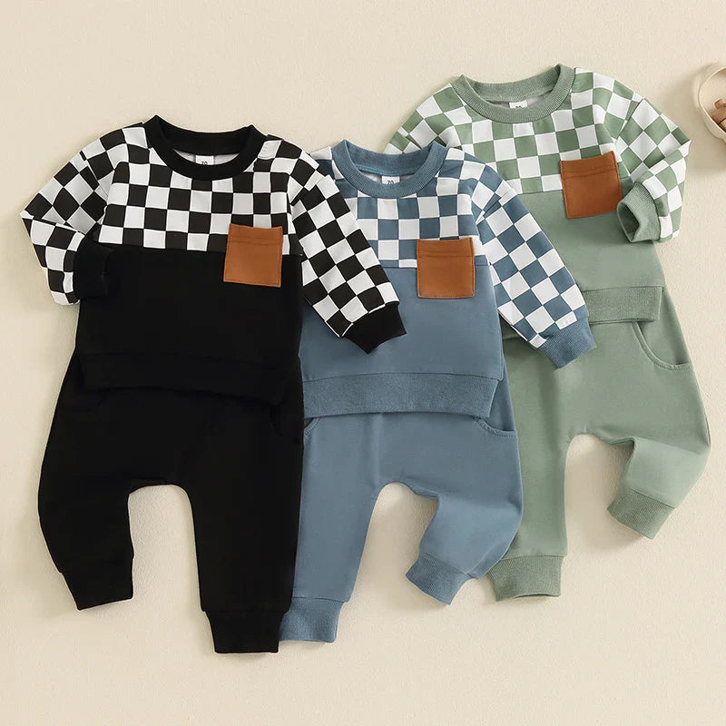 Baby toddler boys fall outfit set with checkerboard print long sleeve top and solid color long pants by August + Willow.