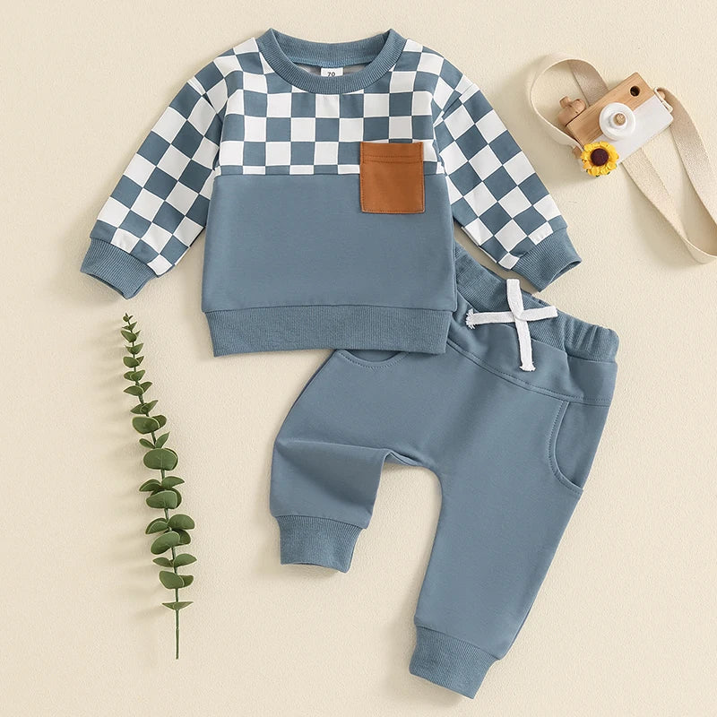 Baby toddler boys fall outfit set with checkerboard print long sleeve top and solid color long pants by August + Willow.