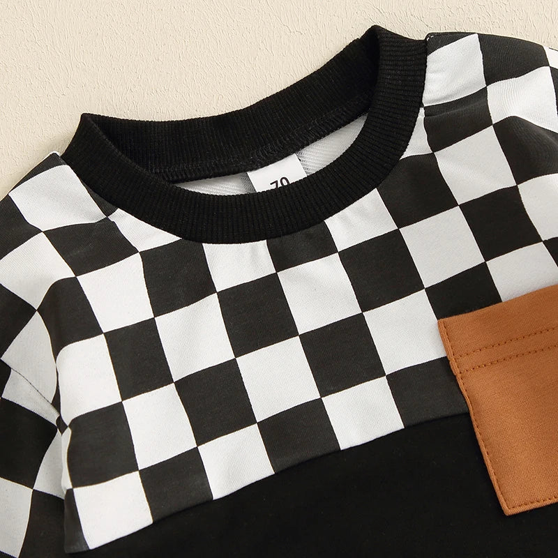 Baby toddler boys 2-piece fall outfit set with checkerboard print long sleeve top and solid color pants by August + Willow.