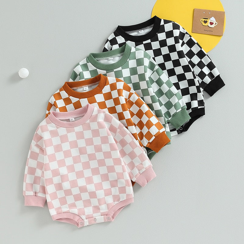Baby boy or girl fall sweatshirt bodysuit with checkerboard print, long sleeves, and romper style by August + Willow.