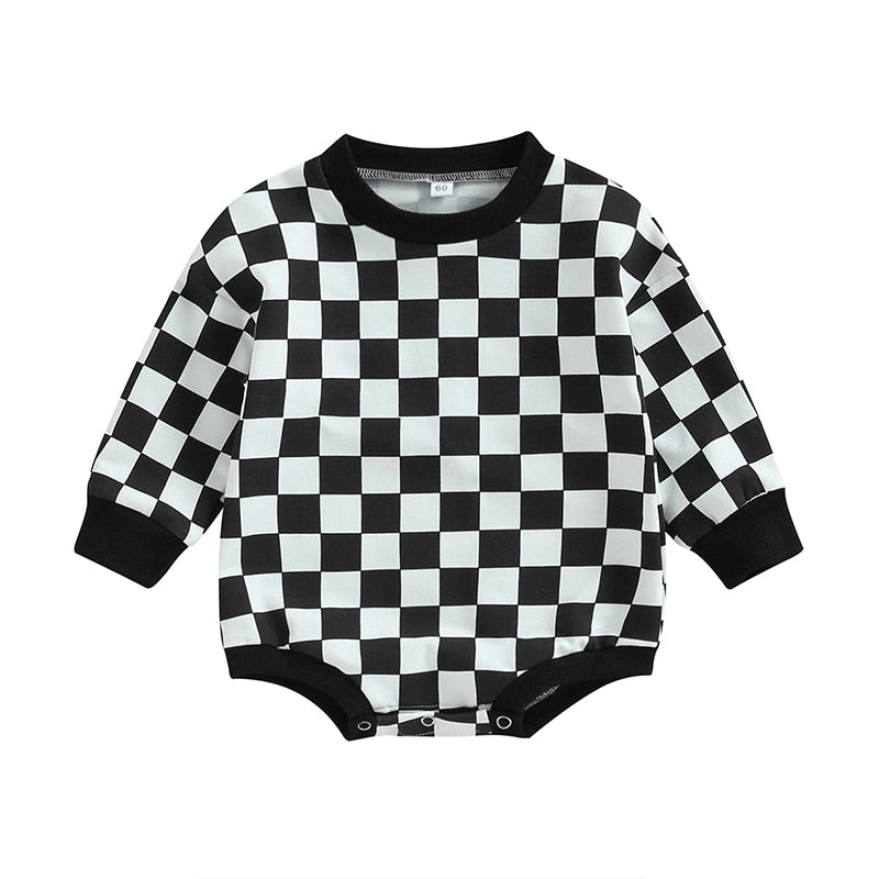 Baby boy and girl fall sweatshirt bodysuit with checkerboard print, long sleeves, from August + Willow, suitable for toddlers.