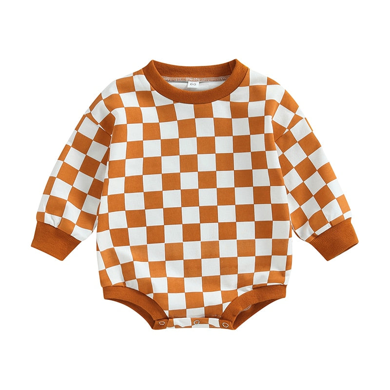 Baby boy or girl fall sweatshirt bodysuit with checkerboard print, long sleeves, and romper style by August + Willow.