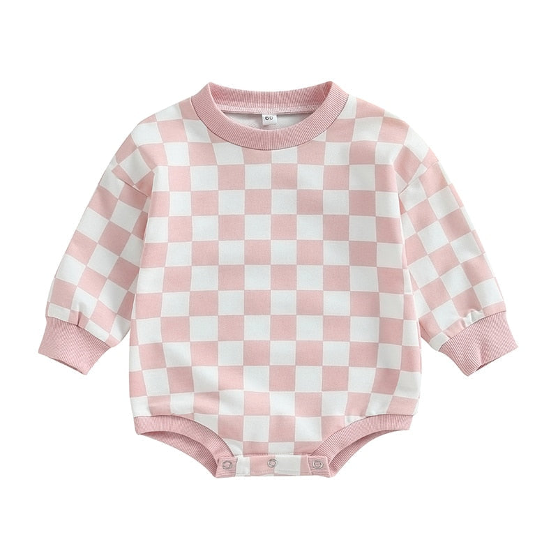 Baby boy or girl fall sweatshirt bodysuit with checkerboard print, long sleeves, from August + Willow, suitable for toddlers.