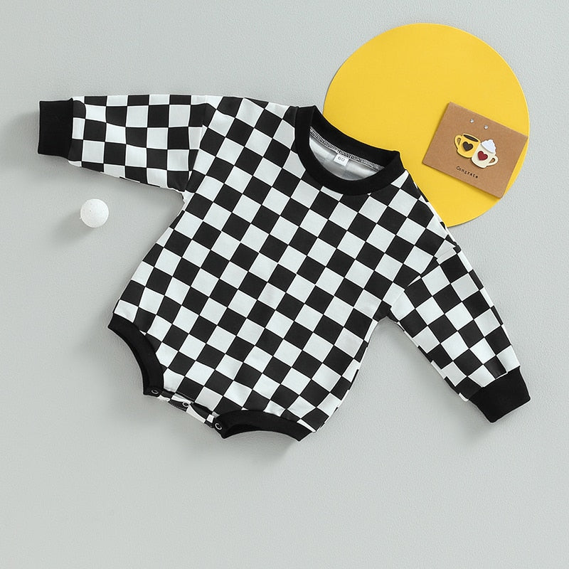 Baby boy or girl fall sweatshirt bodysuit with checkerboard print, long sleeves, from August + Willow, perfect for toddlers.