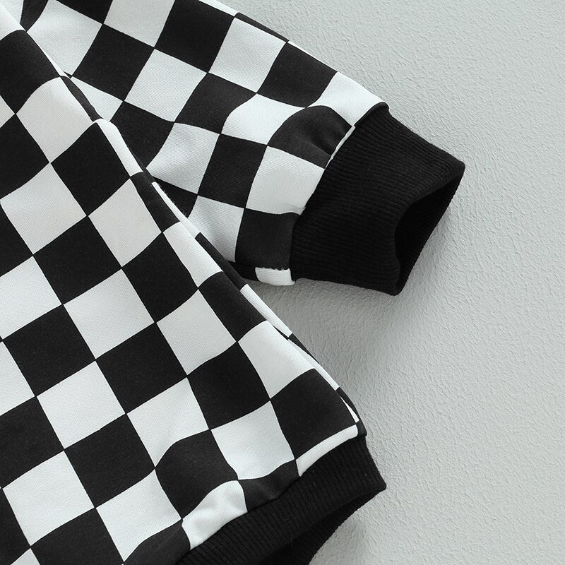 Baby boy or girl fall sweatshirt bodysuit with checkerboard print, long sleeves, from August + Willow, suitable for infants.