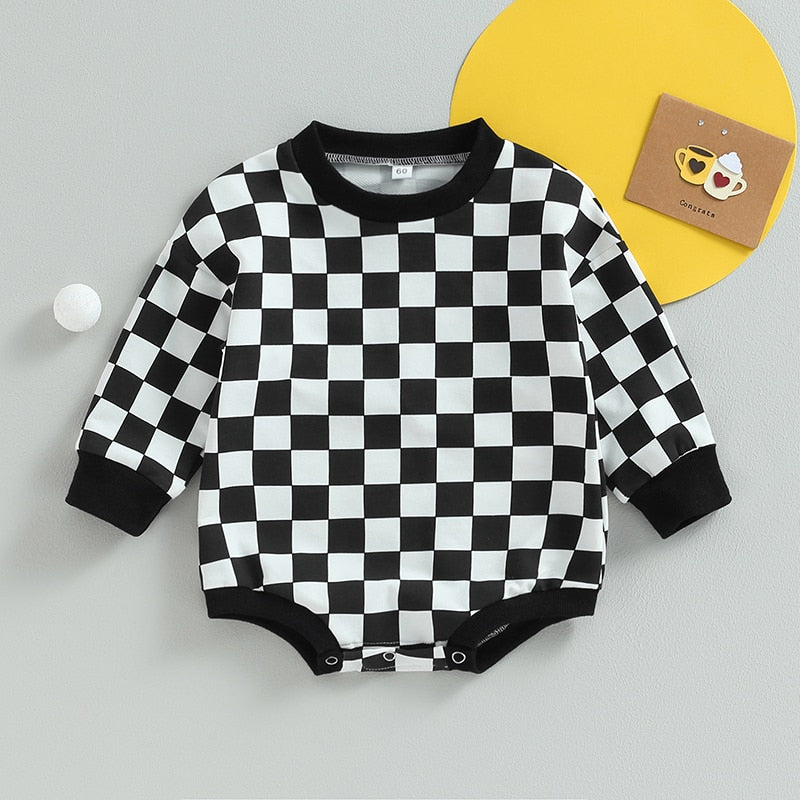 Baby boy or girl fall sweatshirt bodysuit with checkerboard print, long sleeves, from August + Willow, suitable for infants.