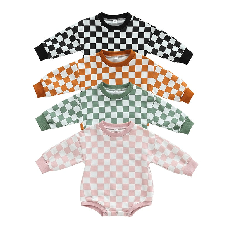 Baby boy or girl fall sweatshirt bodysuit jumpsuit with checkerboard print, long sleeves, from August + Willow for toddlers.