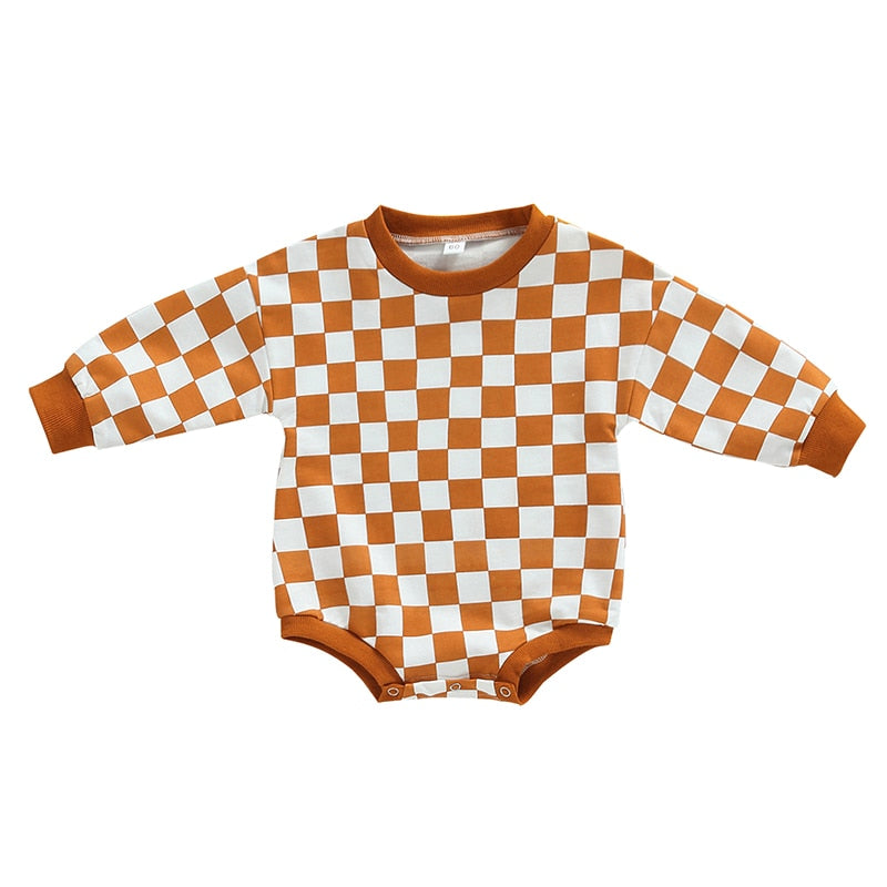 Baby boy or girl fall sweatshirt bodysuit with checkerboard print, long sleeves, from August + Willow, perfect for toddlers.