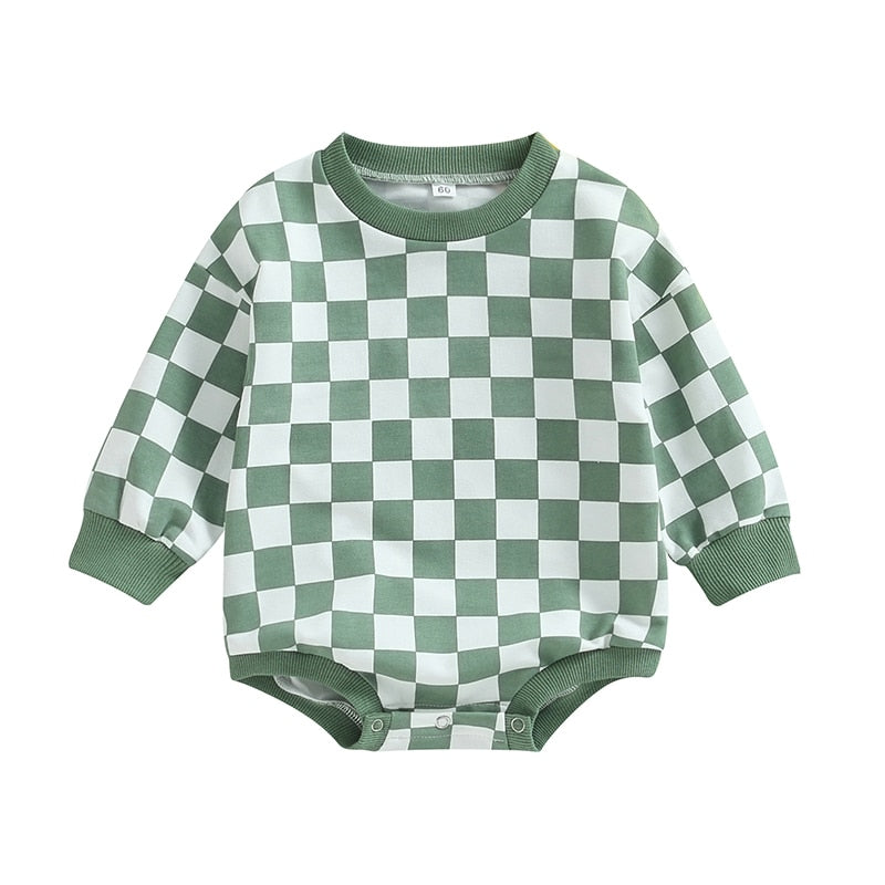 Baby boy and girl fall sweatshirt bodysuit by August + Willow, checkerboard print, long sleeve jumpsuit for infants and toddlers.