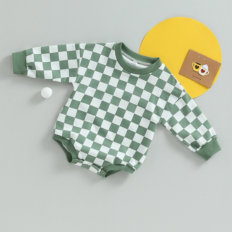 Baby boys and girls fall sweatshirt bodysuit with checkerboard print, long sleeves, from August + Willow, perfect for toddlers.