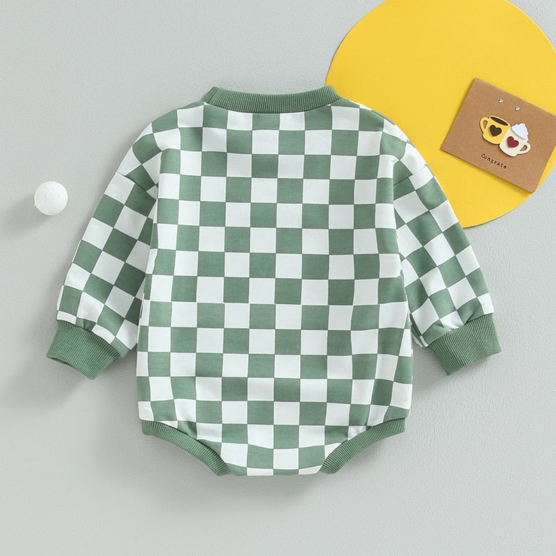 Baby boy and girl fall sweatshirt bodysuit with checkerboard print, long sleeves, from August + Willow, perfect for toddlers.