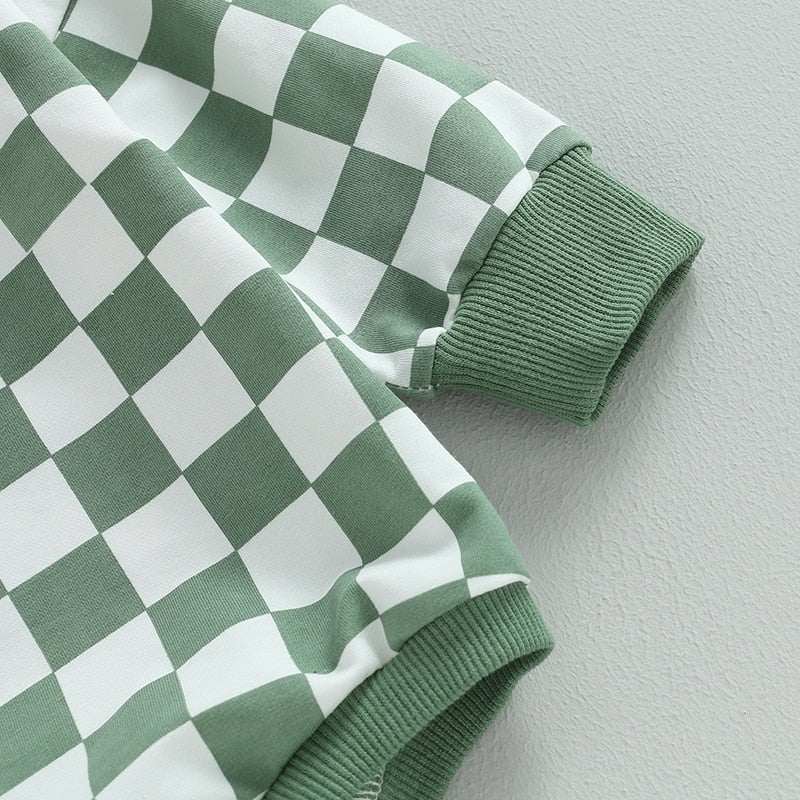 Baby toddler fall sweatshirt bodysuit with checkerboard print, long sleeves, suitable for boys and girls, by August + Willow.