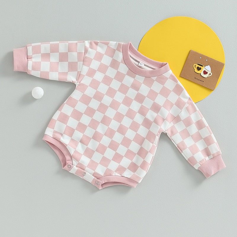 Baby boy or girl fall sweatshirt bodysuit with checkerboard print, long sleeves, and comfortable jumpsuit from August + Willow.