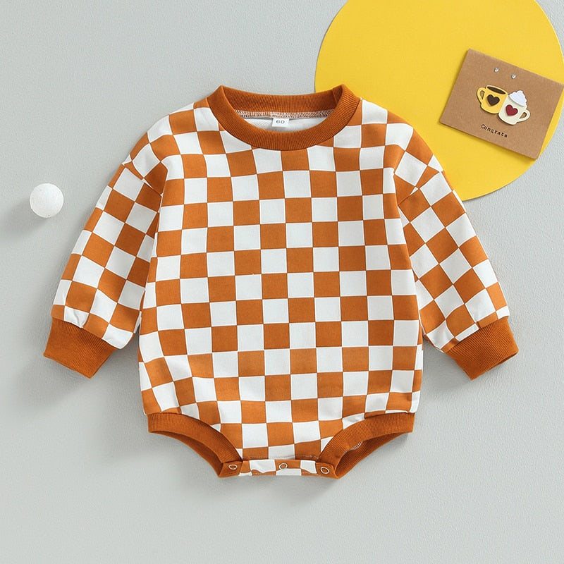 Baby toddler fall sweatshirt bodysuit with checkerboard print, long sleeves, suitable for boys and girls by August + Willow.