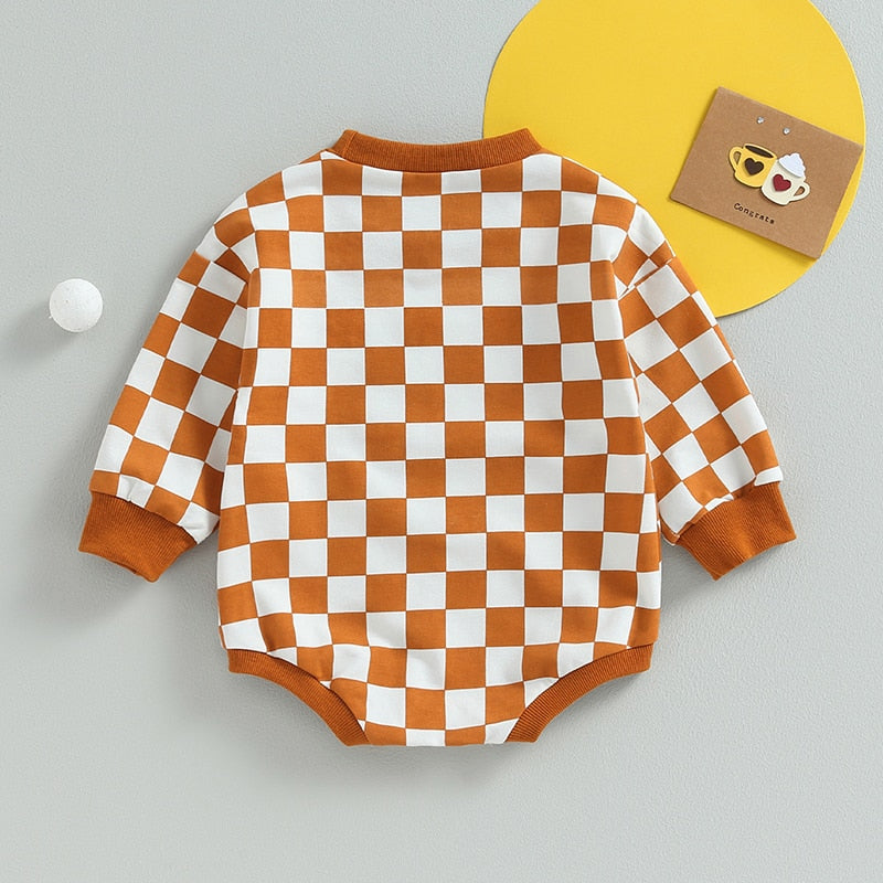 Baby boy and girl fall sweatshirt bodysuit with checkerboard print, long sleeve jumpsuit romper by August + Willow.