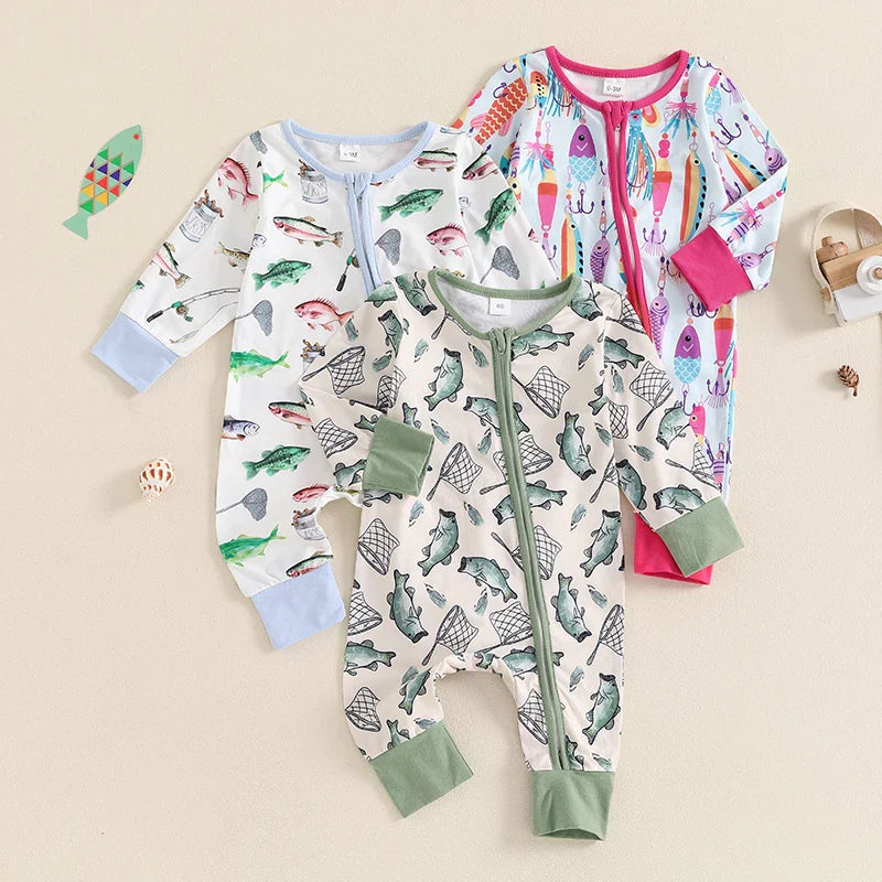 Baby boys and girls in blue long-sleeve fish print romper, casual autumn jumpsuit with zipper and crew neck, from August + Willow.