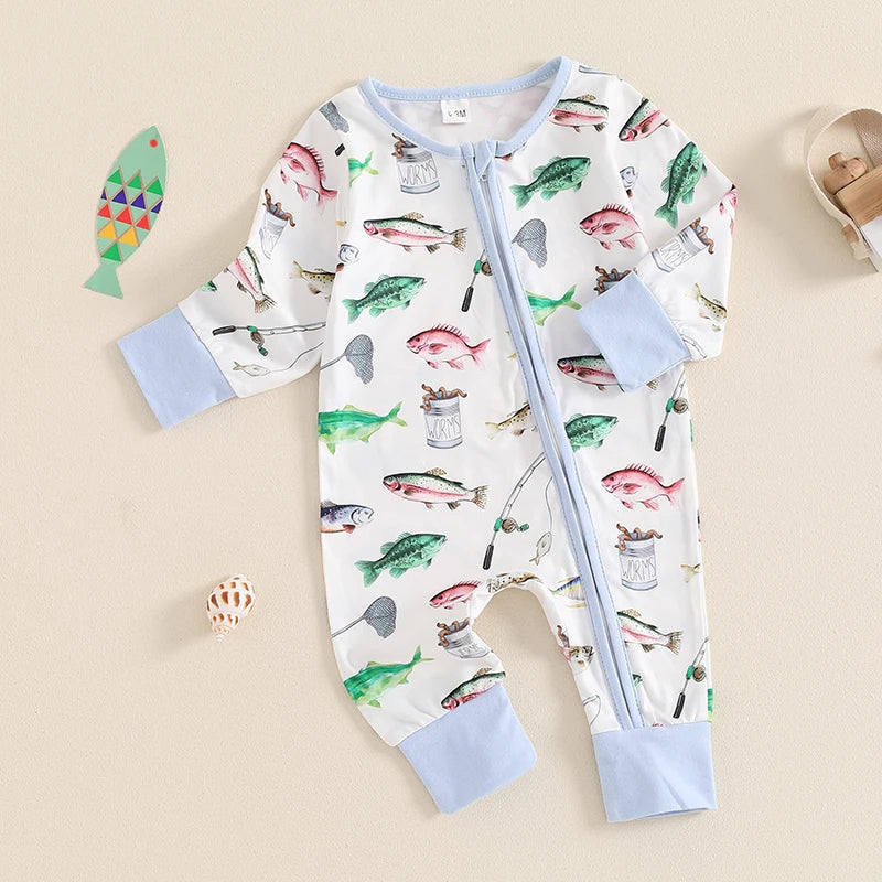 Baby boys and girls autumn casual romper by August + Willow, long sleeve, crew neck with fish print and zipper closure.
