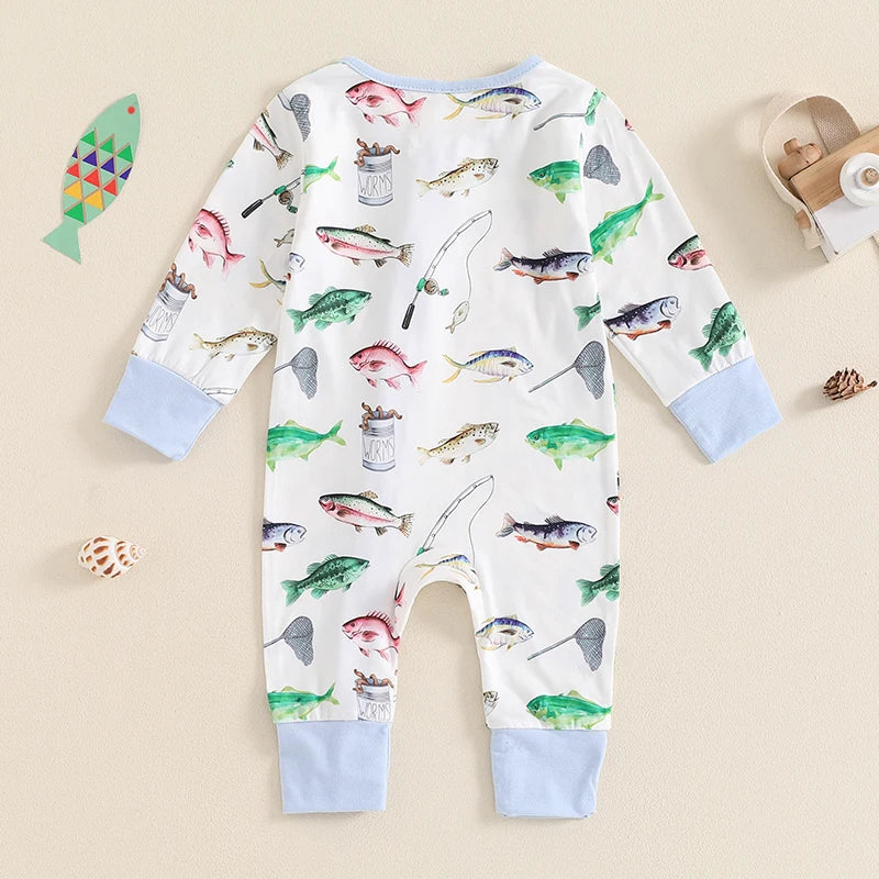 Baby romper by August + Willow, long sleeve crew neck jumpsuit with fish print, suitable for boys and girls aged 0-3 months.
