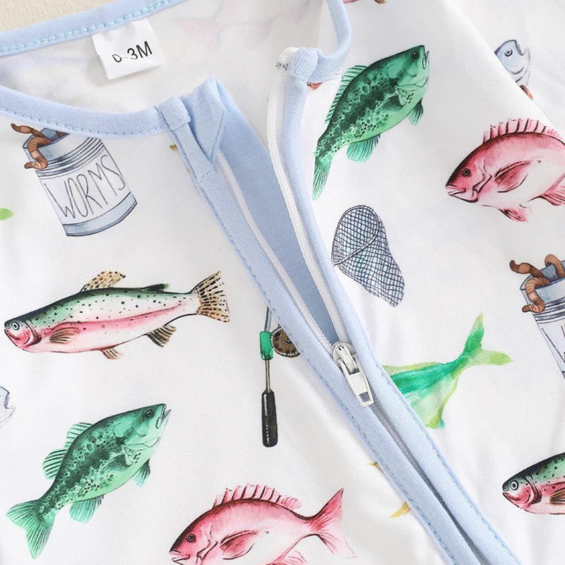 Baby romper by August + Willow featuring long sleeves, crew neck, fish print, and zipper closure, suitable for boys and girls.