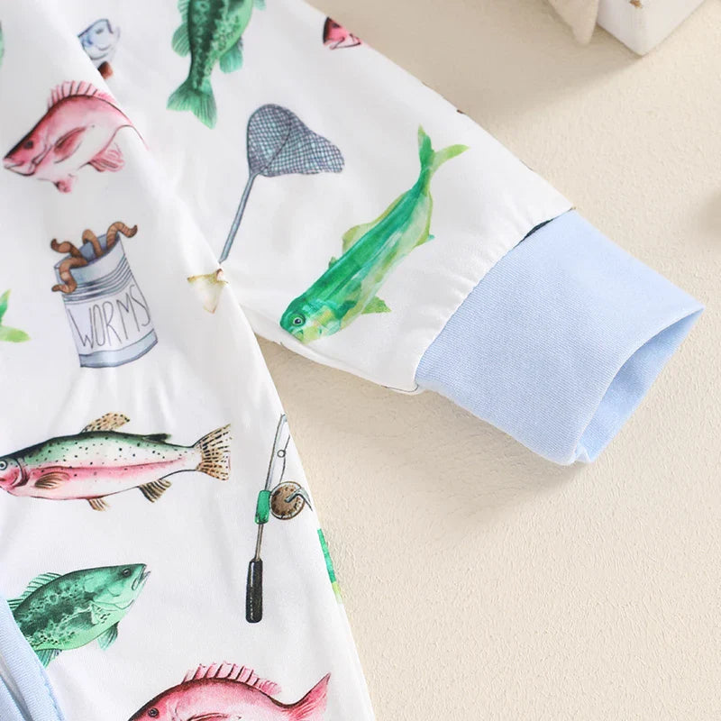 Baby girl and boy autumn casual romper with long sleeves, crew neck, fish print, zipper jumpsuit from August + Willow.