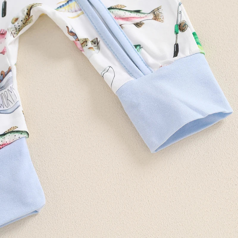 Baby boy and girl autumn casual romper by August + Willow with long sleeves, crew neck, fish print, and zipper jumpsuit for 0-3 months.