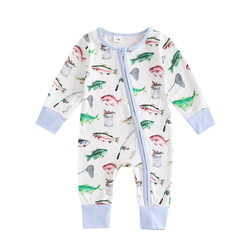 Baby romper by August + Willow featuring long sleeves, crew neck, fish print, zipper closure, suitable for boys and girls.