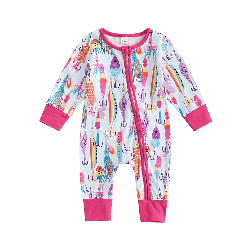 Baby romper by August + Willow, long sleeve fish print jumpsuit for boys and girls, casual autumn outfit with zipper closure.